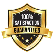 Logo featuring '100% satisfaction guaranteed' text in bold letters, surrounded by a golden laurel wreath.