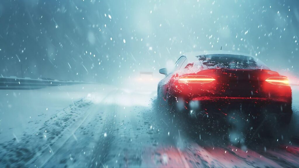 A car navigates a snowy road, surrounded by a serene winter landscape blanketed in fresh snow