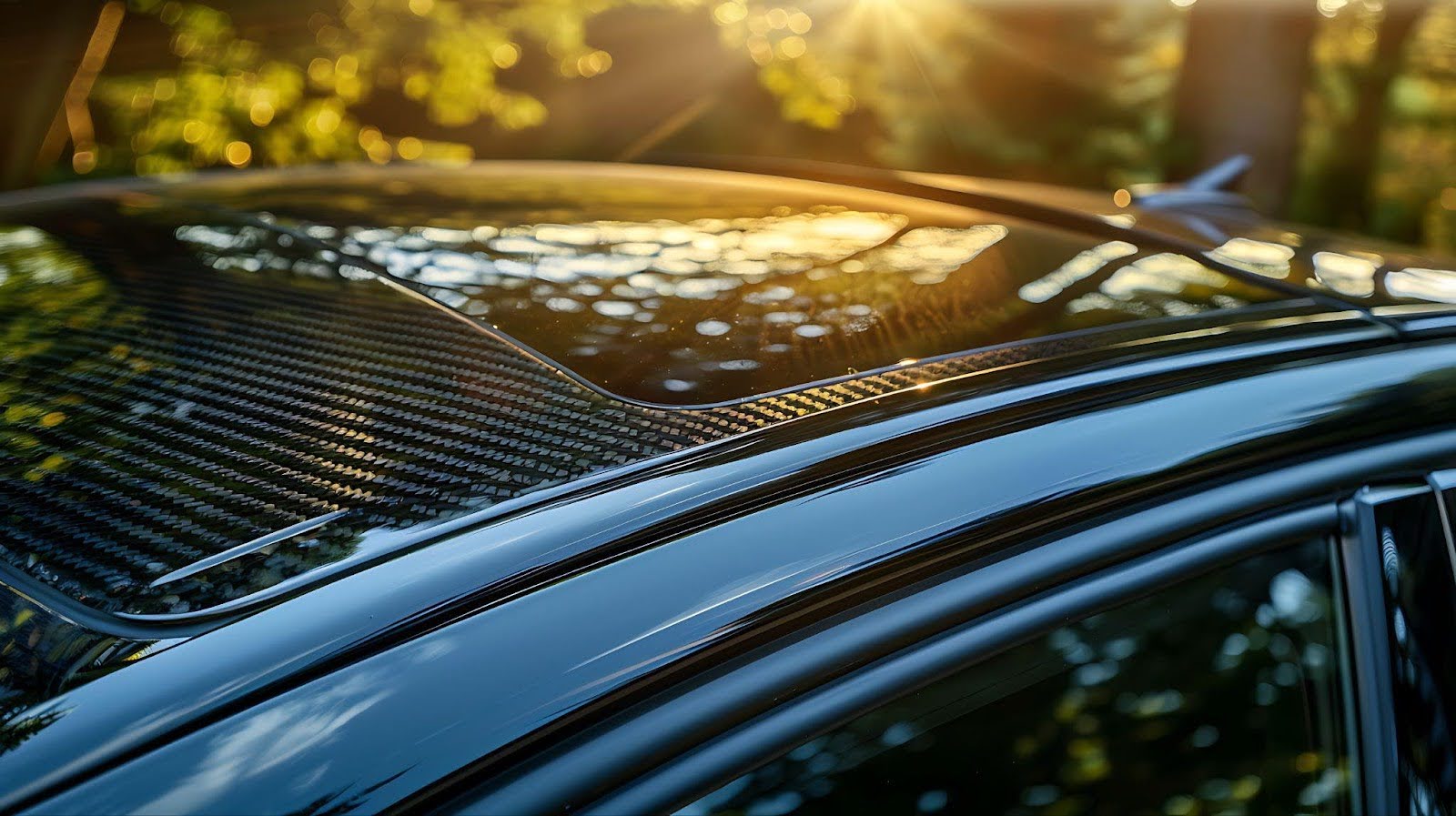 A bright sun illuminates the shiny hood of a parked car, creating a warm and inviting atmosphere