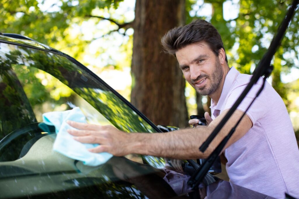 A man carefully cleans the windshield of his car, ensuring a clear view ahead