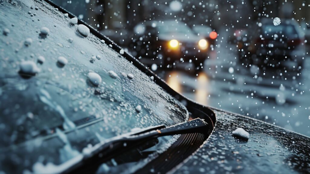 A car covered in snow and rain, showcasing the need for fleet auto glass services.