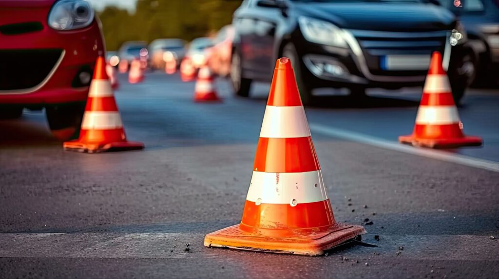 Traffic cones lined up on the side of the road, indicating fleet service and auto glass services