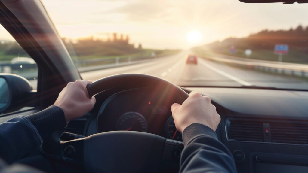 A person drives on a highway during sunset, emphasizing the scenic views of Utah and the need for windshield maintenance.