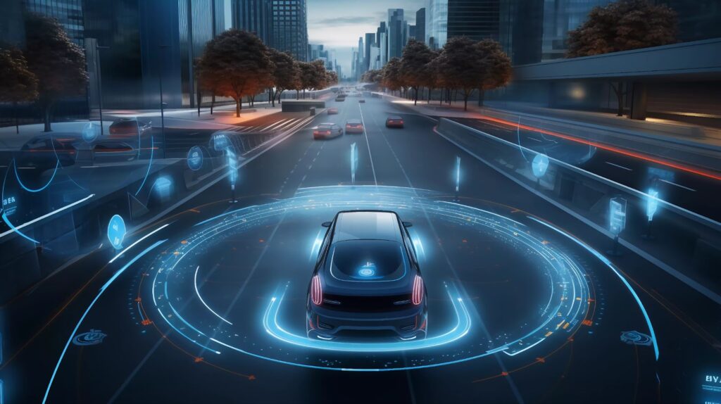 An autonomous car equipped with ADAS technology navigates a bustling city street, showcasing advanced driving capabilities.