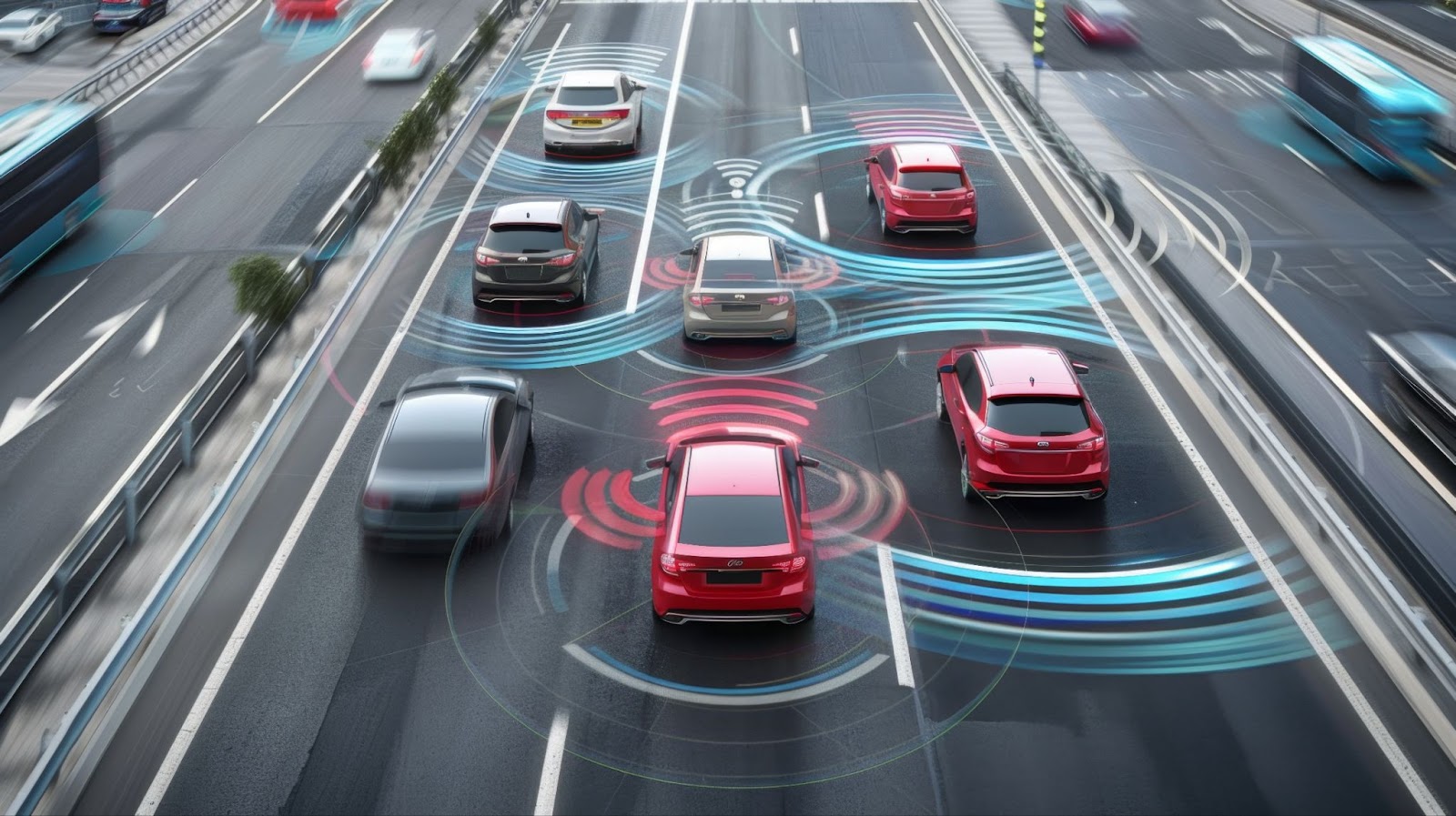 Autonomous vehicles equipped with ADAS technology navigate a busy road, responding to traffic lights and surrounding traffic.