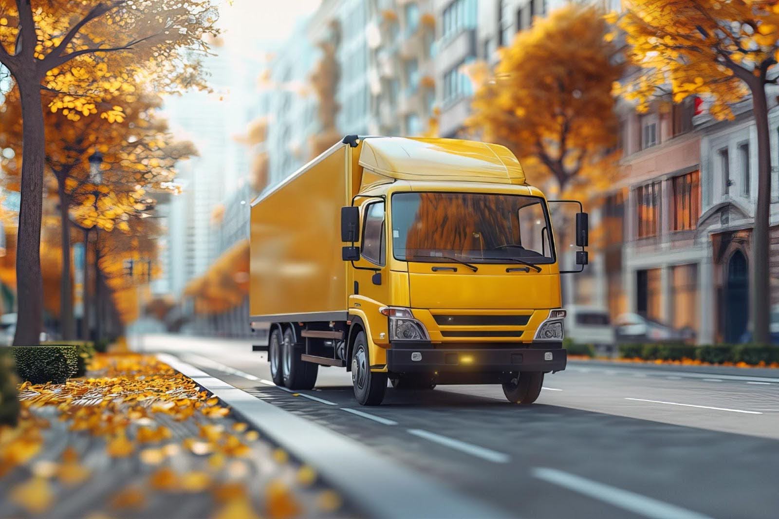 A yellow truck navigates a tree-lined street adorned with vibrant fall foliage