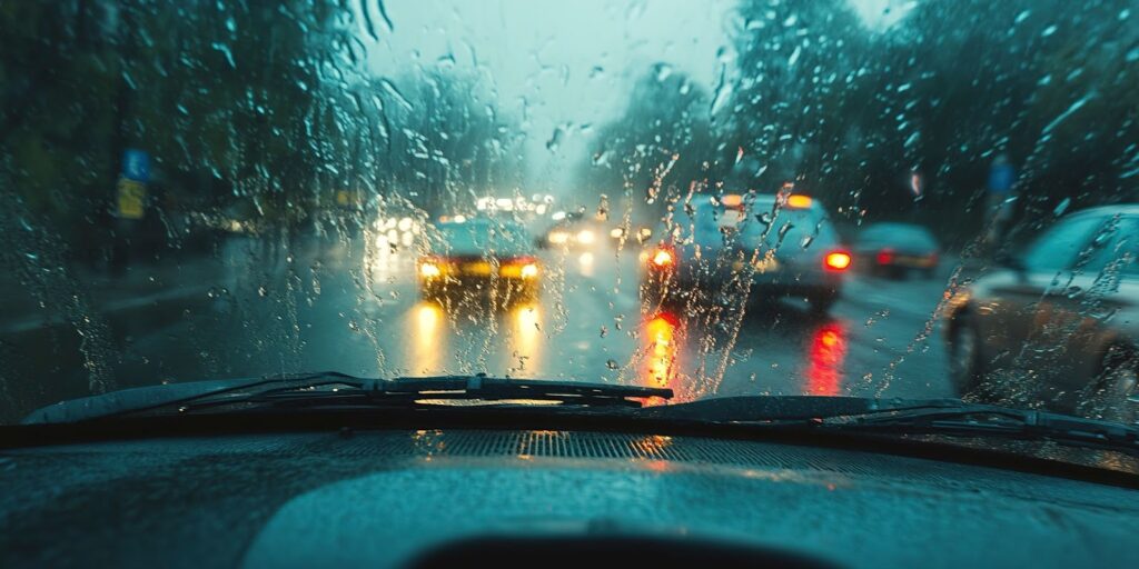 A rainy day view from inside a car, highlighting the need for quality windshield replacement services in Utah.