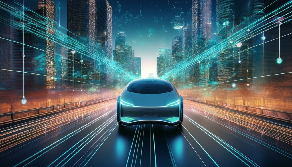 An image depicting a cutting-edge car equipped with ADAS technology, representing the future of transportation advancements.