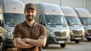 A man in a brown shirt poses in front of delivery vans, symbolizing logistics