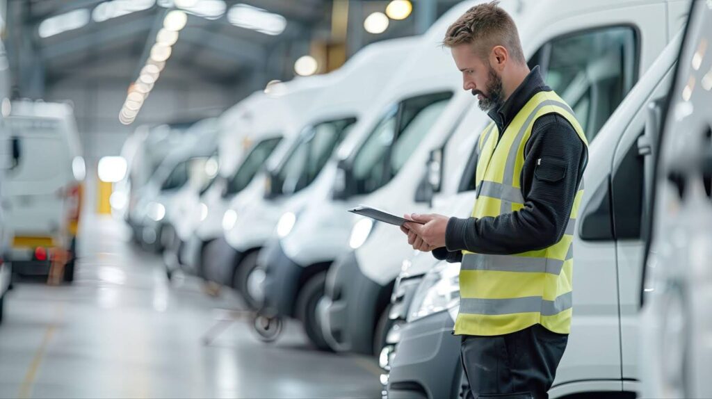 A man in a safety vest stands confidently in front of a lineup of vans