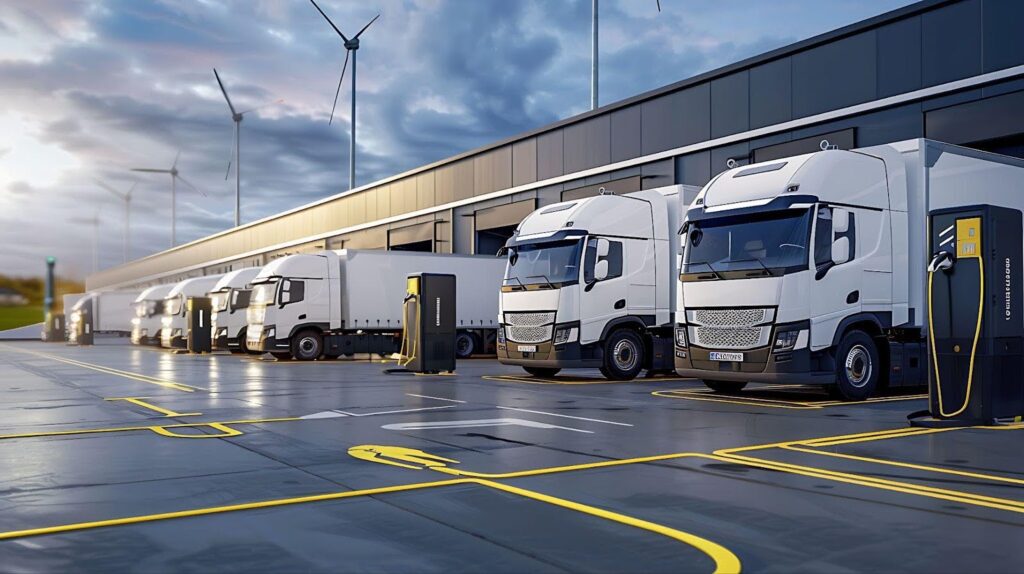 Electric trucks parked outside a warehouse, showcasing sustainable logistics