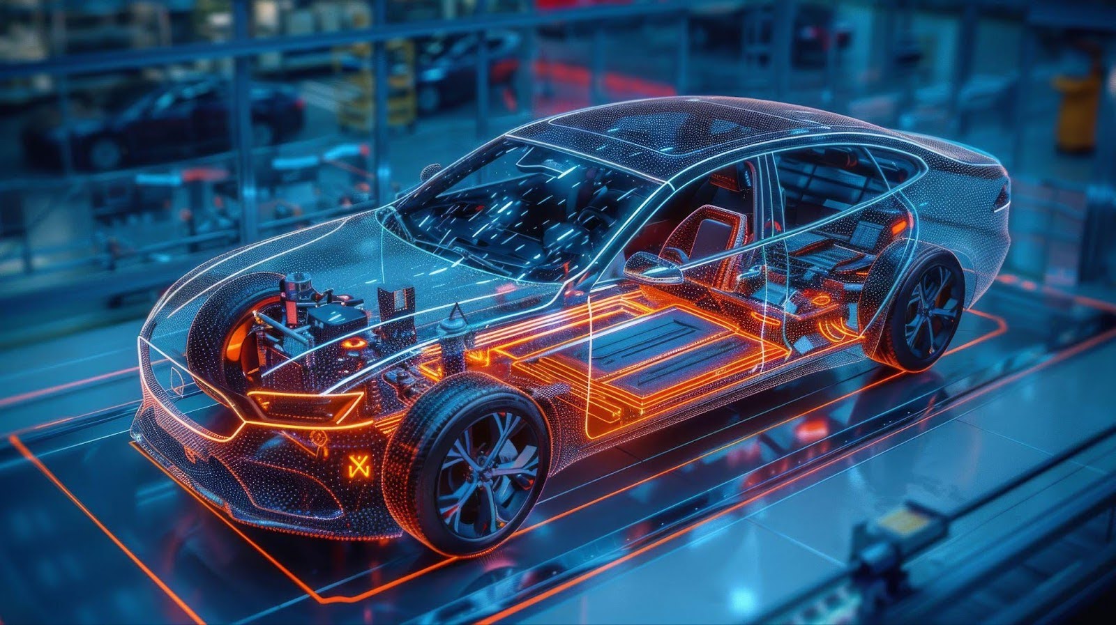 A car on a conveyor belt, showcasing the assembly process