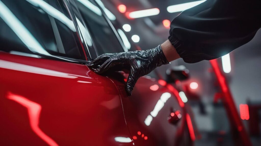 A person in black gloves gently touches a red car, highlighting their interaction