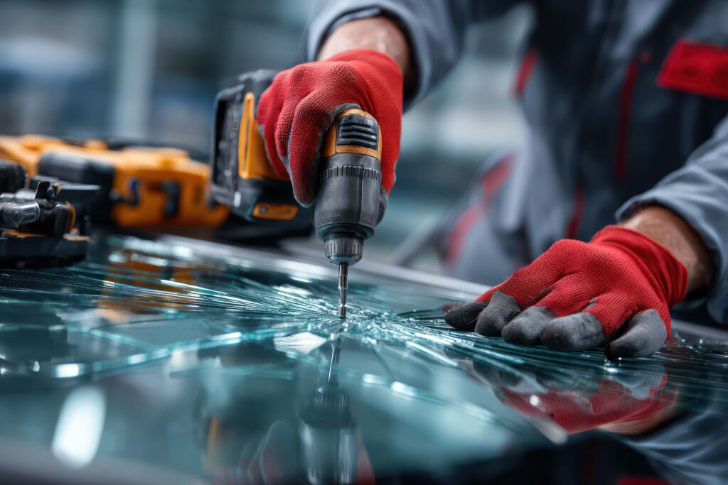 Technician repairing damaged auto glass with professional repair tools