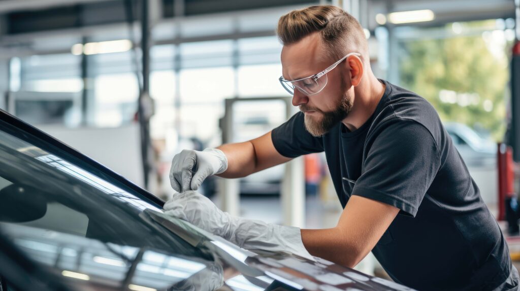Auto glass technician performing professional windshield repair service